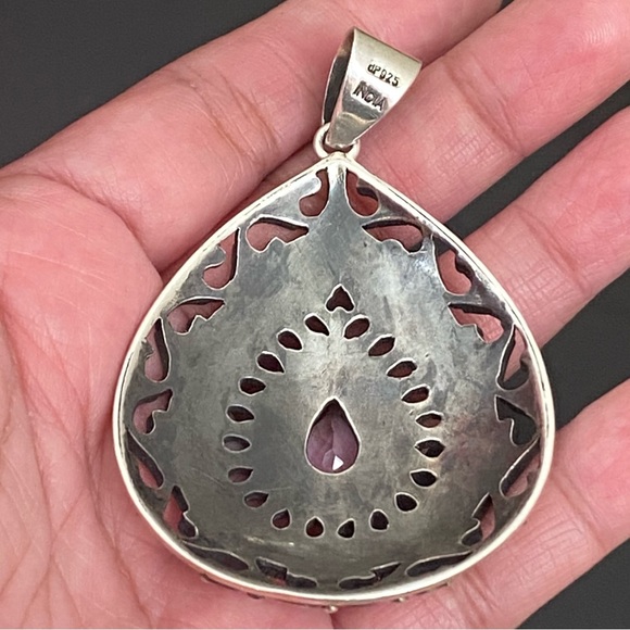 Vintage DP 925 Sterling Silver Filigree Bali Amethyst Large Teardrop Pendant 26g - Picture 6 of 16